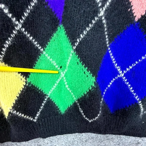 Vintage Benetton Polo Sweater Womens Black Bright Argyle Golf Retro Italian - Picture 3 of 6